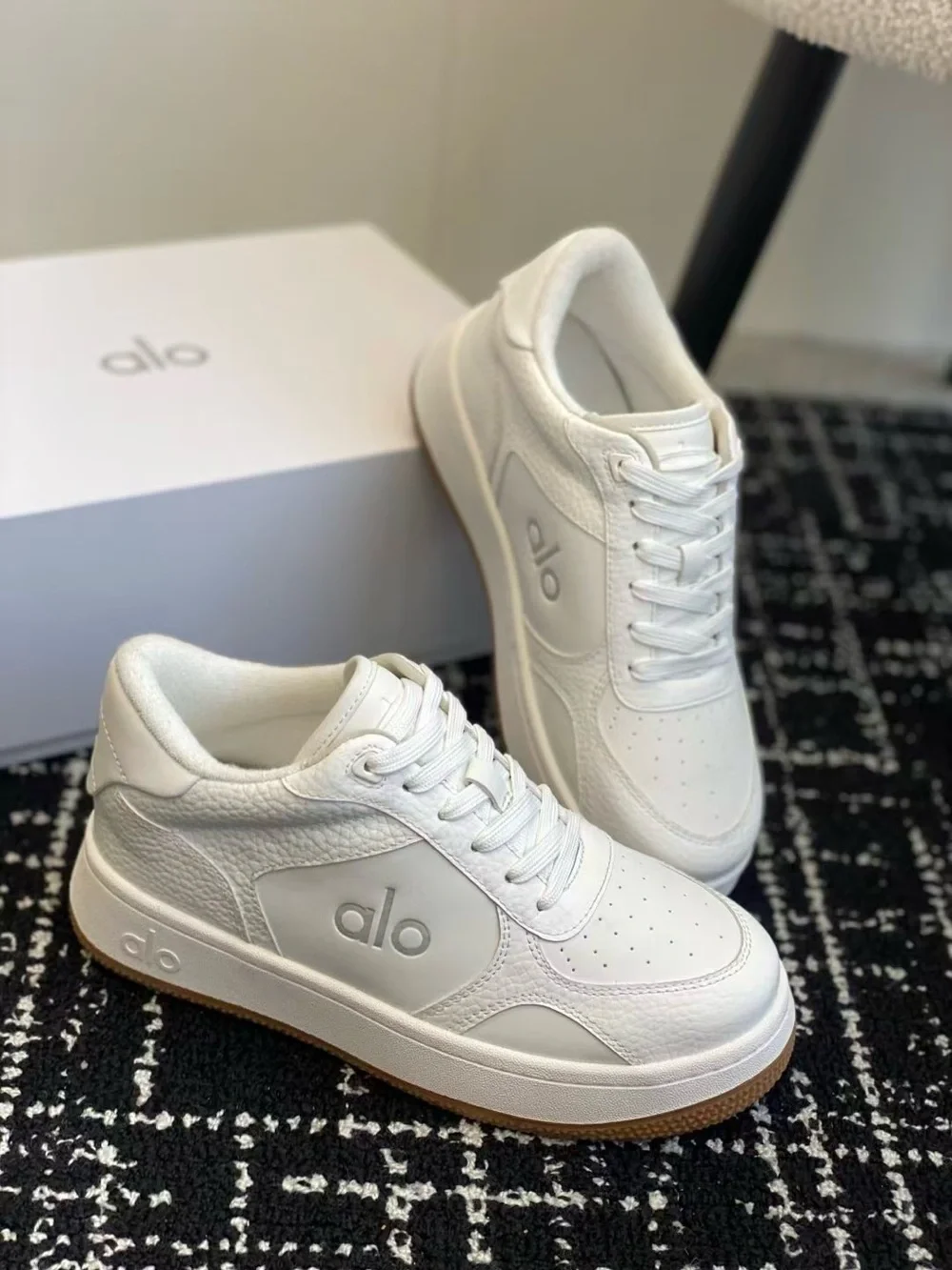 ALO Yoga White Leather Sneakers with Gum Outsole